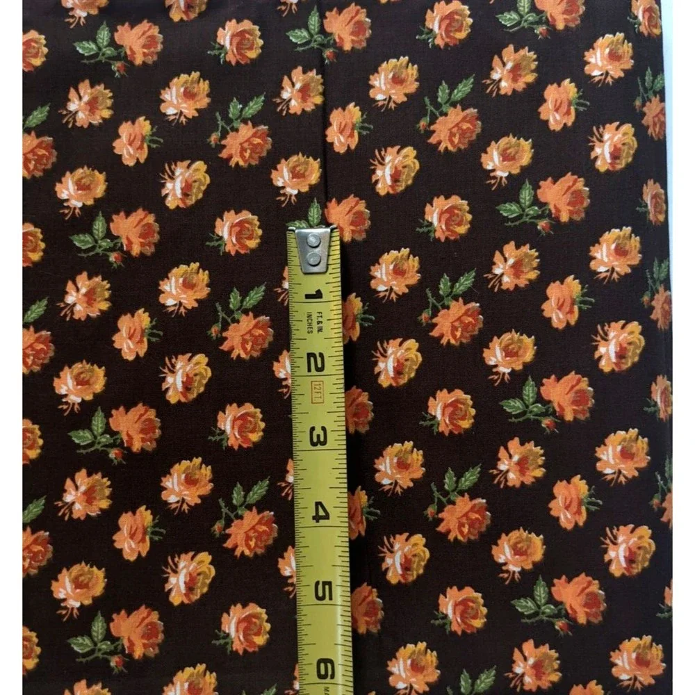 Vintage Mid-Century Floral Fabric Orange Rose Print Brown Background 44